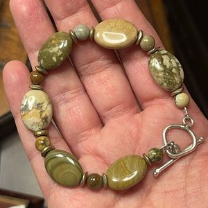 Scenic jasper bead solid sterling silver artisan crafted bracelet